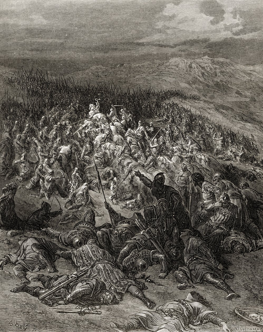 Dois cem cavaleiros atacam vinte mil sarracenos, ilustração de &39;Bibliotheque des Croisades&39; por JF. Michaud, 1877 de Gustave Dore