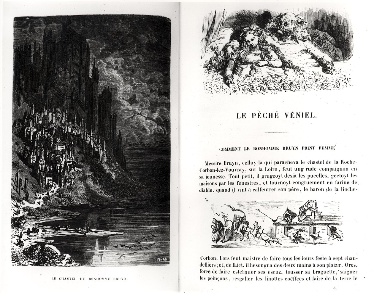 Duas páginas ilustradas de "Les Contes Drolatiques" por Honore de Balzac (1799-1850) gravada por Heliodore Joseph Pisan (1822-90) de Gustave Dore