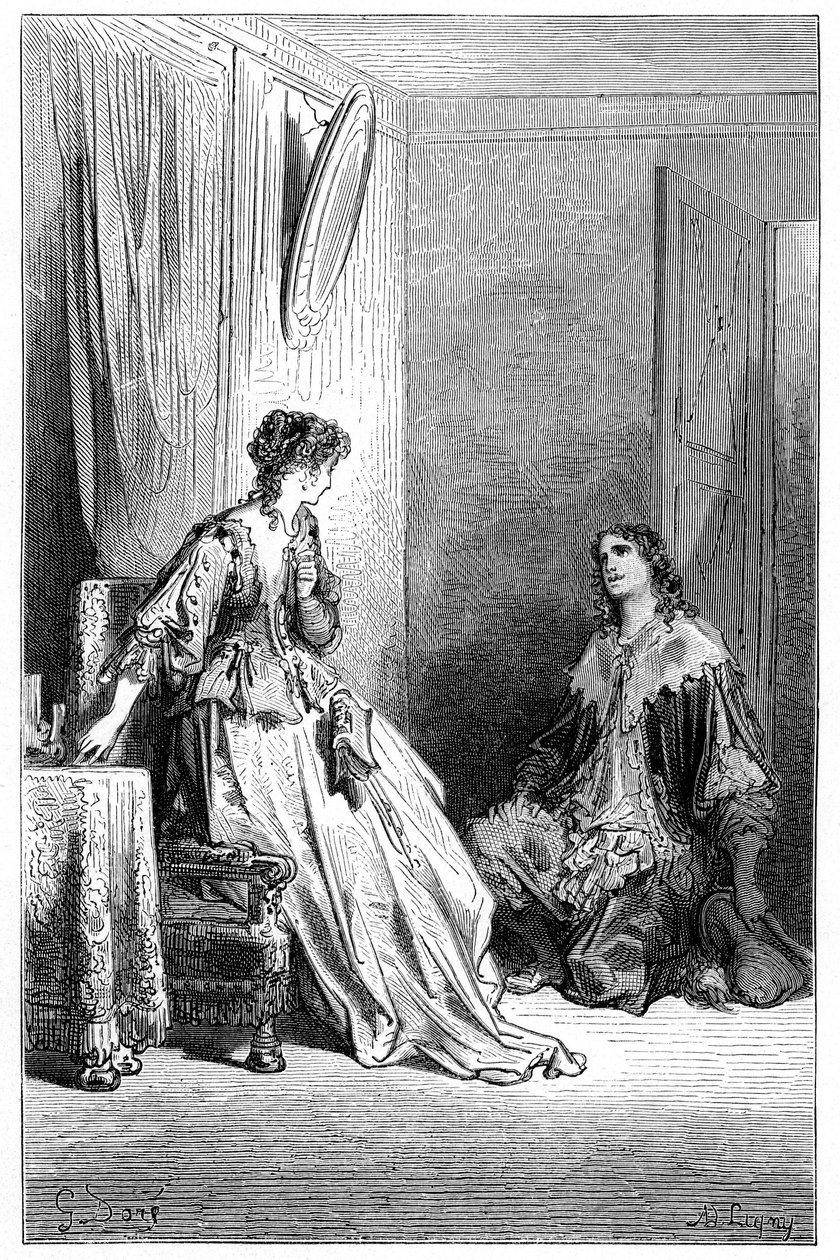 Vallombreuse ajoelha-se perante Isabelle, por quem está apaixonado. Gravura de Gustave Dore ilustrando o romance de Theophile Gautier "Le capitaine Fracasse", edição Charpentier 1863. de Gustave Dore