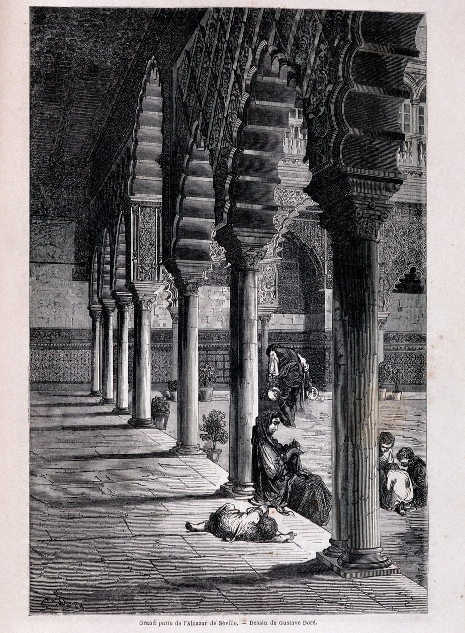 Vista do grande pátio do Alcazar em Sevilha - por Doré, em "Tour du Monde", 2º semestre. 1866. de Gustave Dore