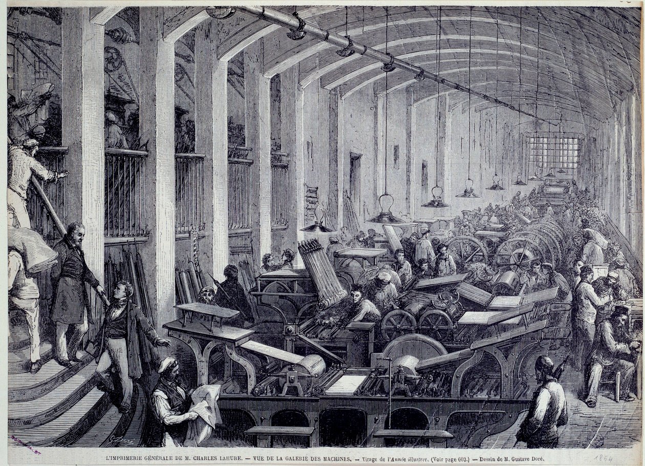 Vista da galeria da máquina de impressão de Charles Lahure Gravura de Gustave Dore (1832-1883) de "L