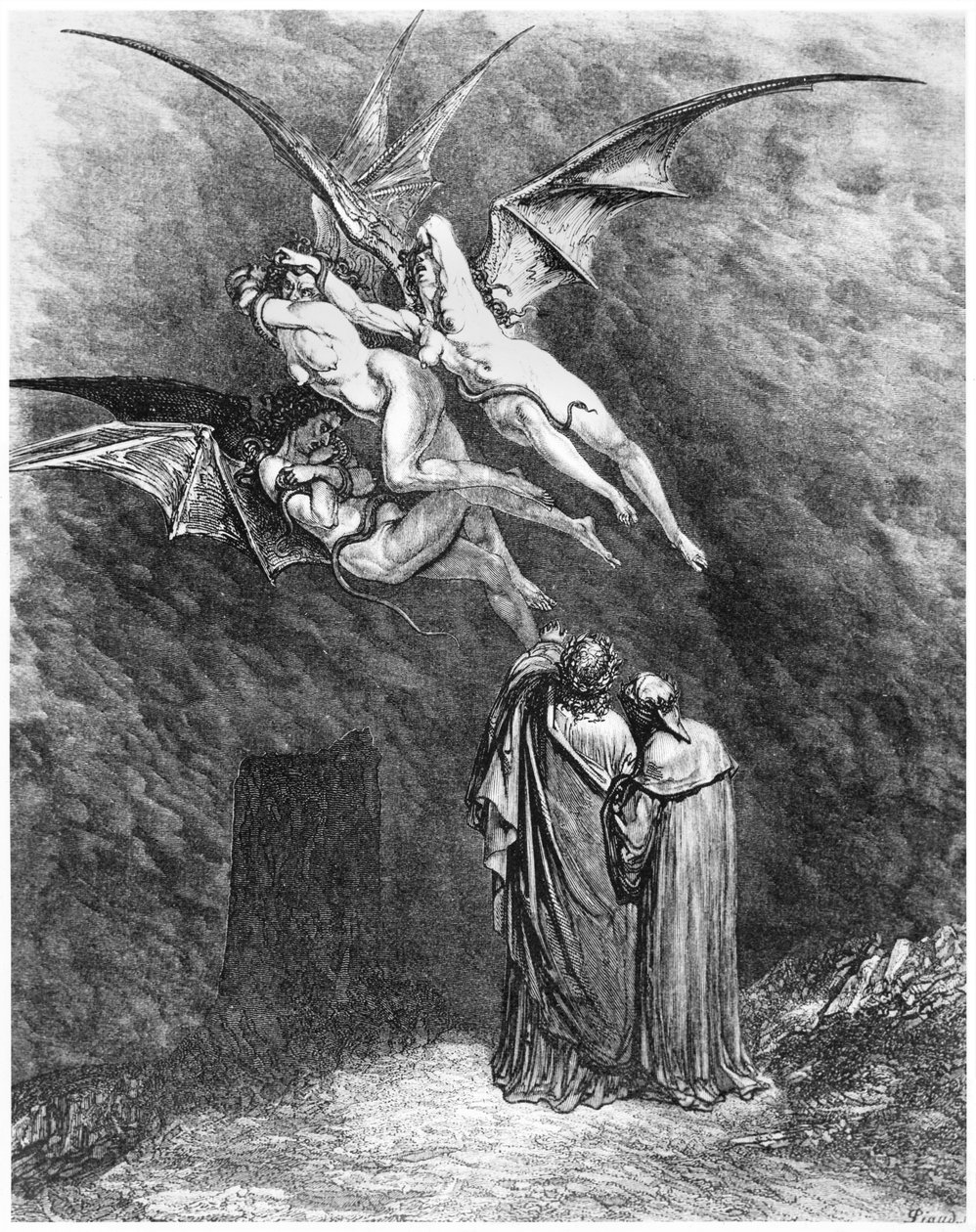 Virgílio (70-19 aC) Dante e as Erínias, ilustração da "Divina Comédia" (Inferno) de Dante Alighieri (1265-1321) Paris, publicada em 1885 de Gustave Dore