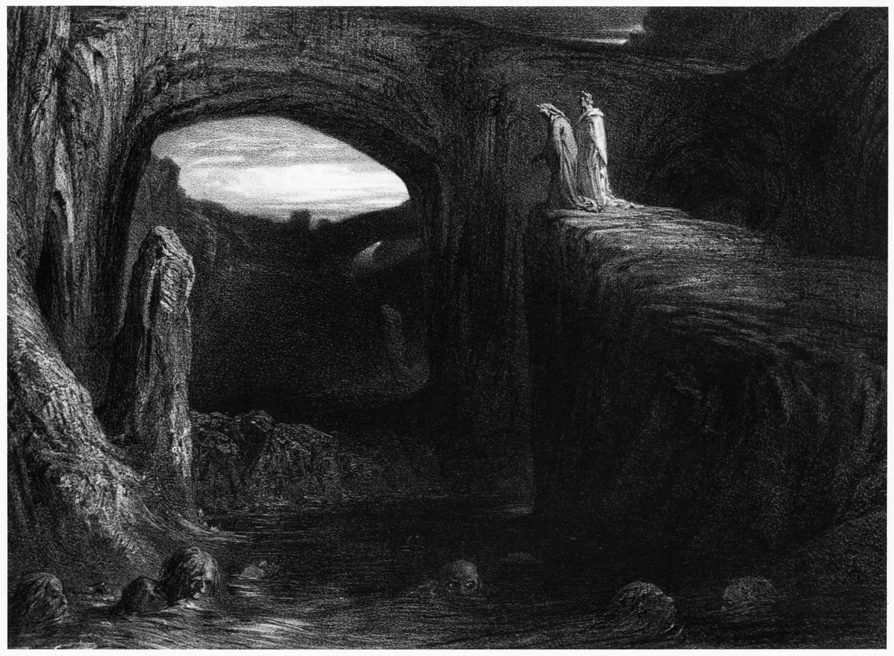 Virgílio (70-19 aC) e Dante entrando no Inferno, ilustração da "Divina Comédia" (Inferno) de Dante Alighieri (1265-1321) Paris, publicada em 1885 de Gustave Dore