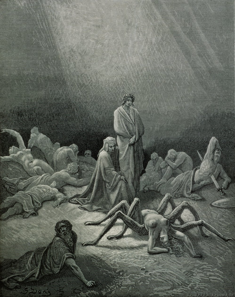 Virgílio (70-19 aC) e Dante olhando para a mulher-aranha, ilustração da "Divina Comédia" (Inferno) de Dante Alighieri (1265-1321) Paris, publicada em 1885 de Gustave Dore