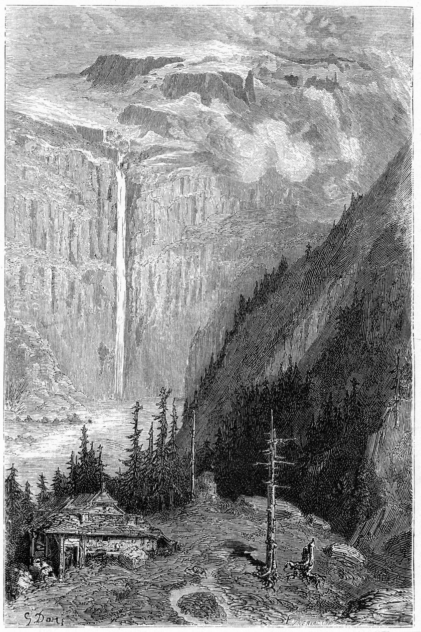 Cascata do Cirque de Gavarnie vista da estalagem: gravura de Gustave Dore ilustrando o livro "Voyage aux Pyrenees" de Hippolyte Taine, Hachette 1860. de Gustave Dore