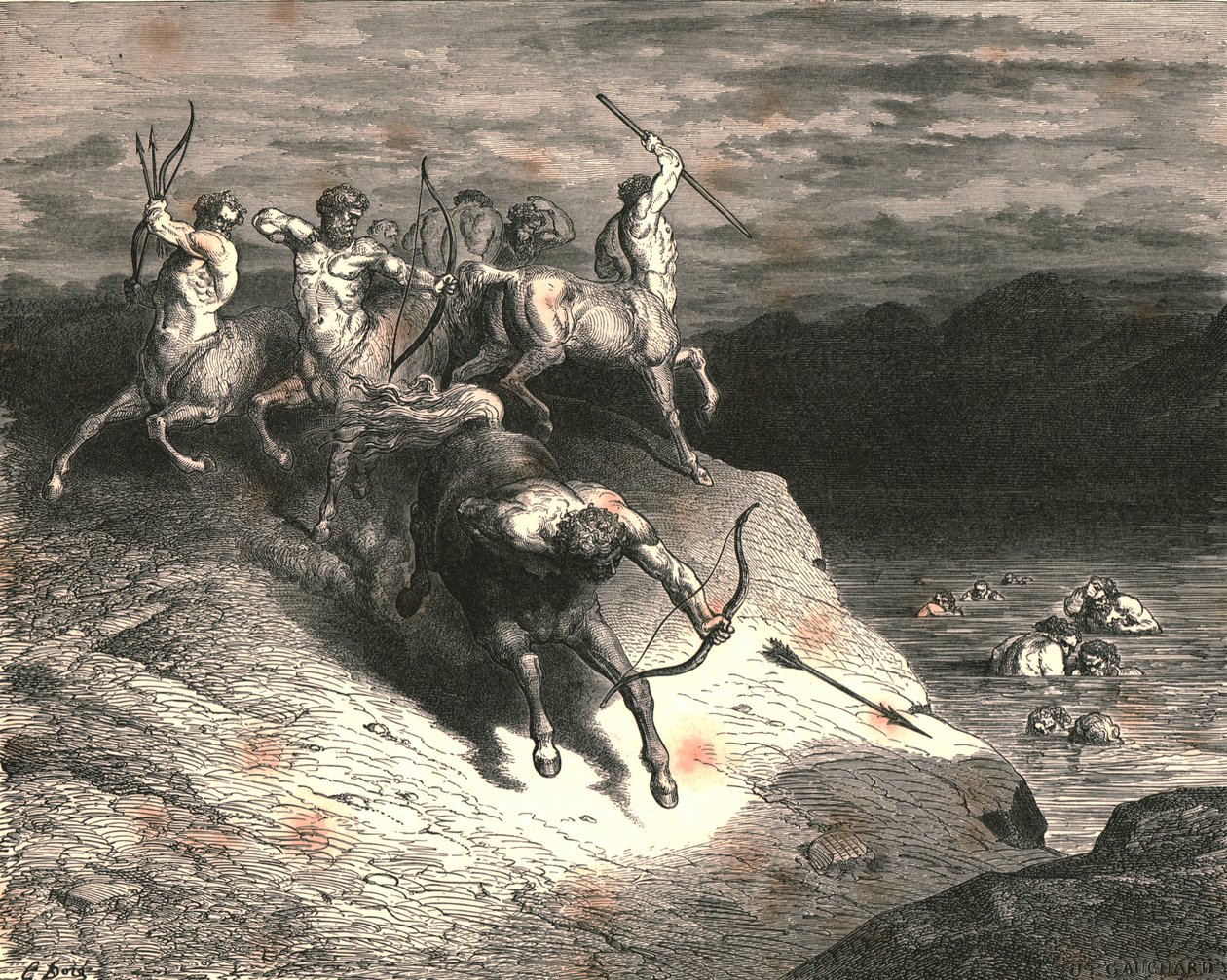 Nós, àqueles animais, que andamos rapidamente, nos aproximamos, quando Quíron lançou uma flecha adiante, c1890. de Gustave Dore