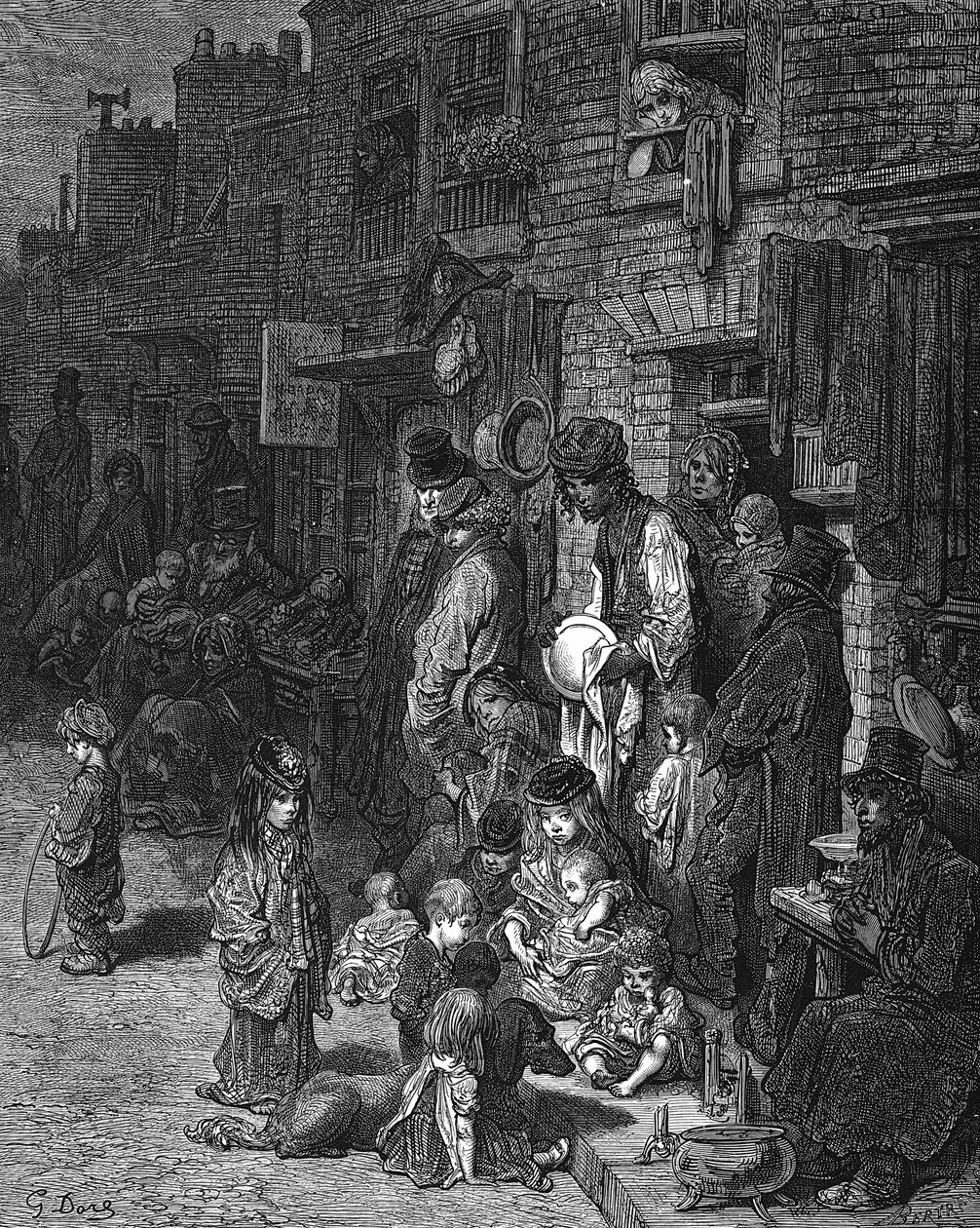 Wentworth Street, Whitechapel", o bairro judeu pobre da cidade: De Gustave Dore e Blanchard Jerrold London: A Pilgrimage London 1872. Gravura em madeira de Gustave Dore