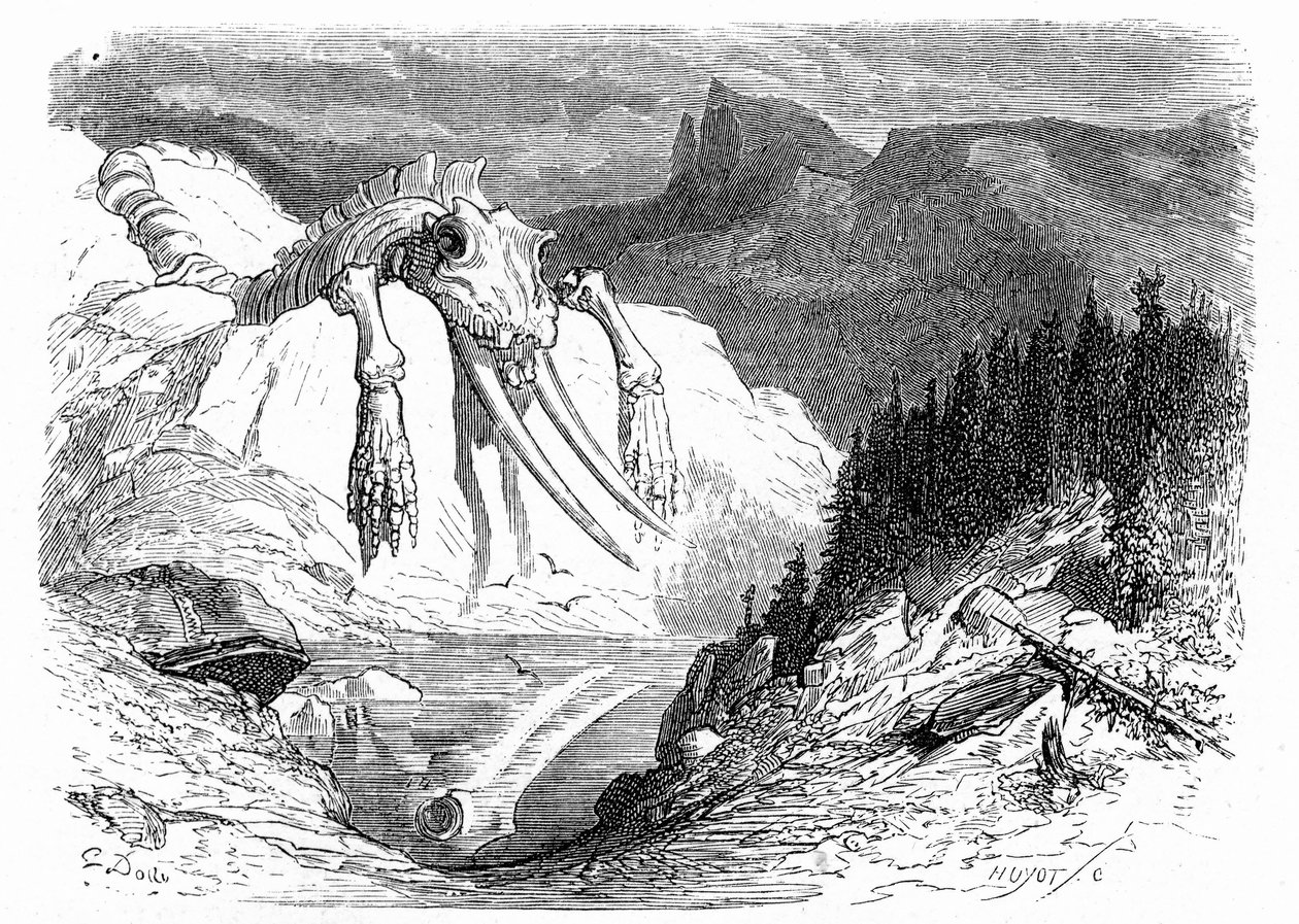 gravura de Gustave Dore por volta de 1850: evocação de um dilúvio apocalítico na sequência do qual vários animais monstruosos caíram na montanha. Ilustração do livro de Hippolyte Taine "Viagem aos Pirinéus", em que a presença de ossos fósseis de Gustave Dore