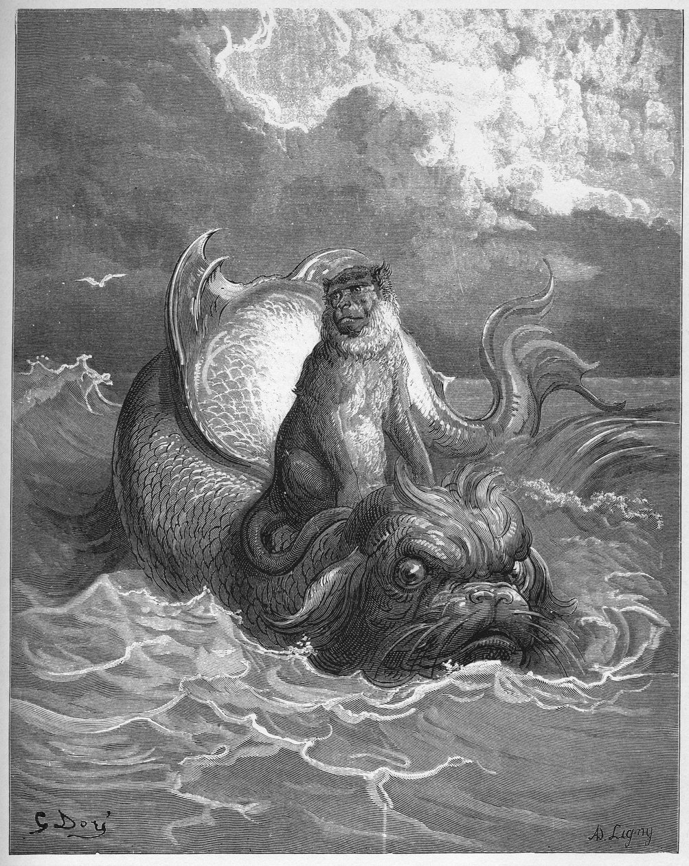 macacos e golfinhos - de "Fables" de Jean de La Fontaine de Gustave Dore