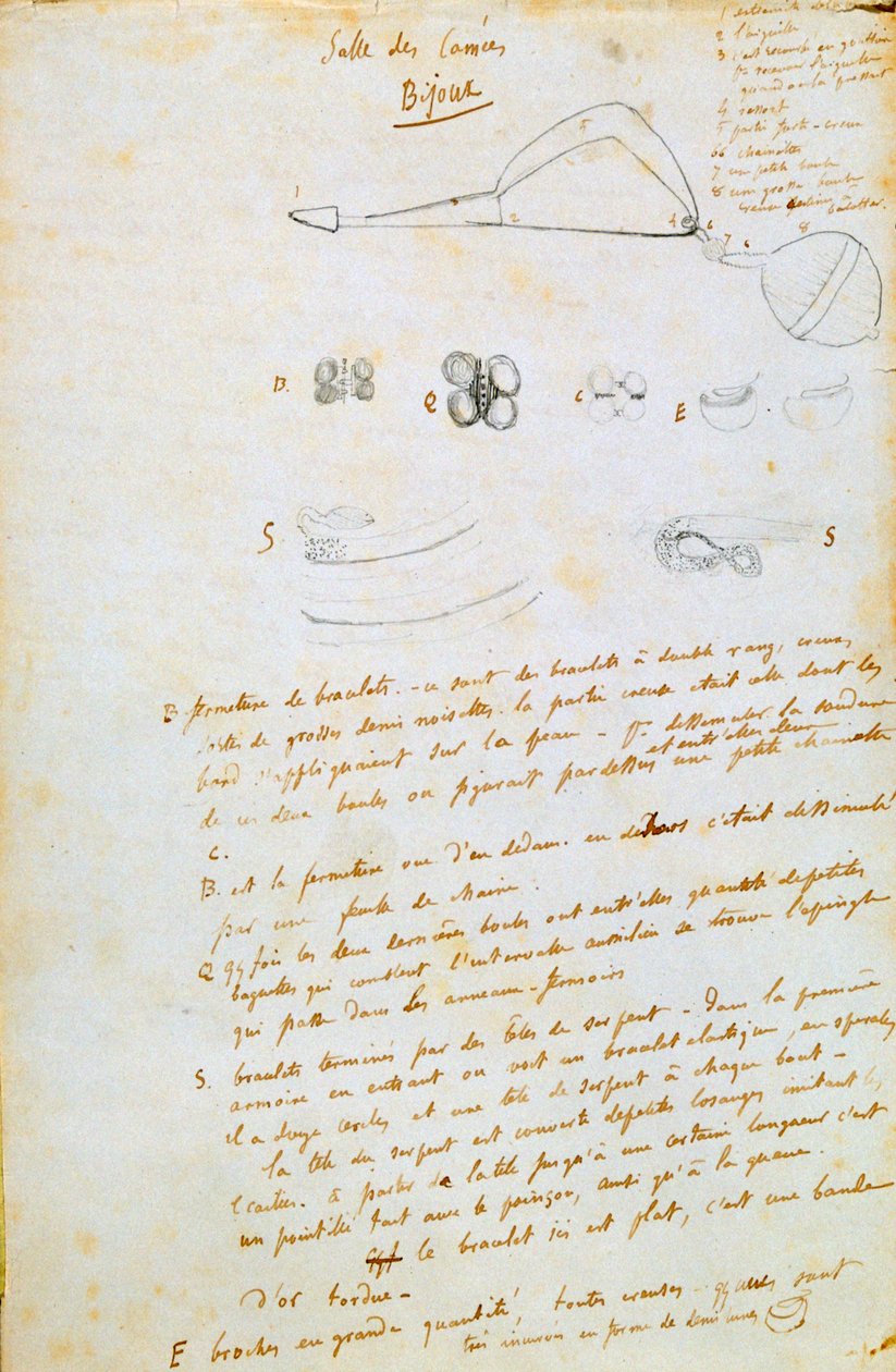 Desenhos de jóias para Salammbô, c1858 de Gustave Flaubert