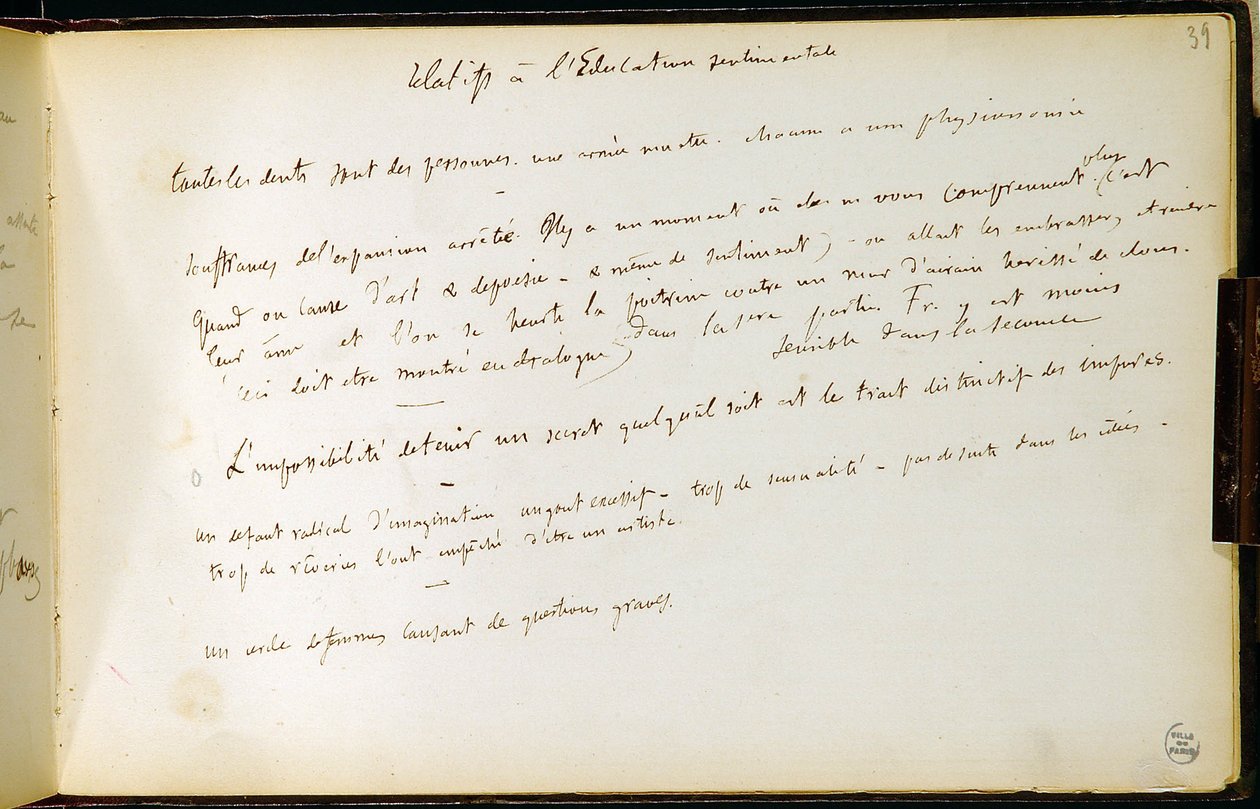 Folio 39 do livro de exercícios n. 19 Página de manuscritos dos rascunhos de Gustave Flaubert. Planos para a educação sentimental. BHVP. de Gustave Flaubert