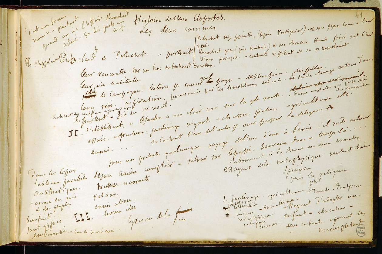 Folha 41 do livro de exercícios n. 19 Página de manuscritos dos rascunhos de Gustave Flaubert. Planos para Bouvard e Pecuchet. BHVP. de Gustave Flaubert