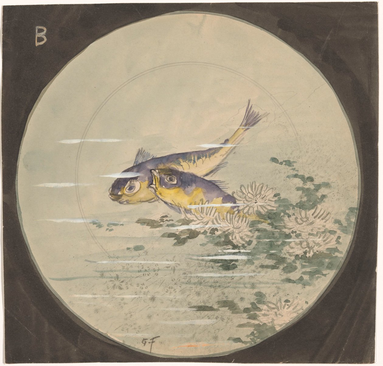 Desenho para um sinal com dois peixes azuis e amarelos perto de lírios de água de Gustave Fraipont (signed by artist)