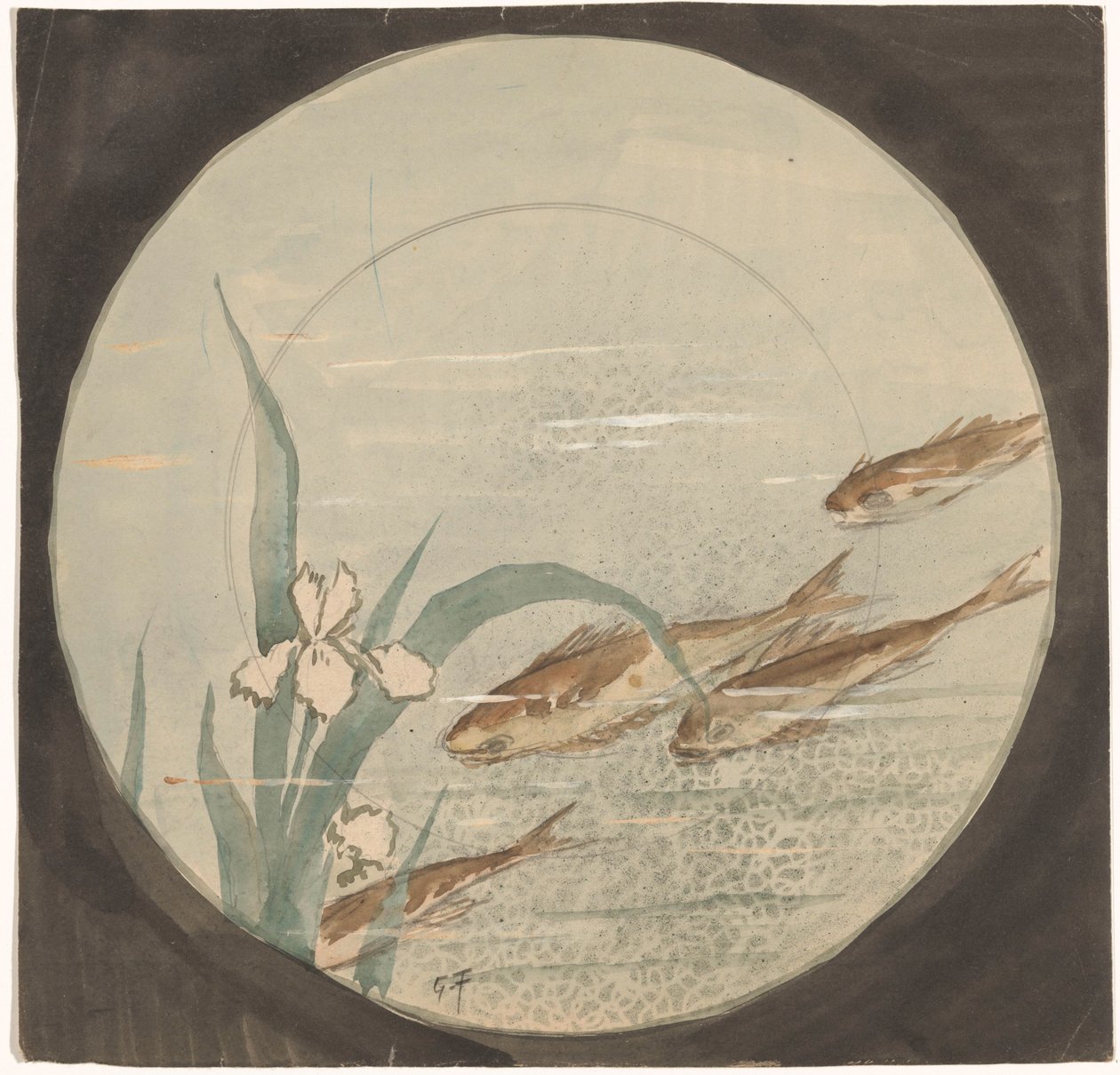 Design para um prato com quatro peixes marrons nadando para cima perto de uma íris branca de Gustave Fraipont (signed by artist)