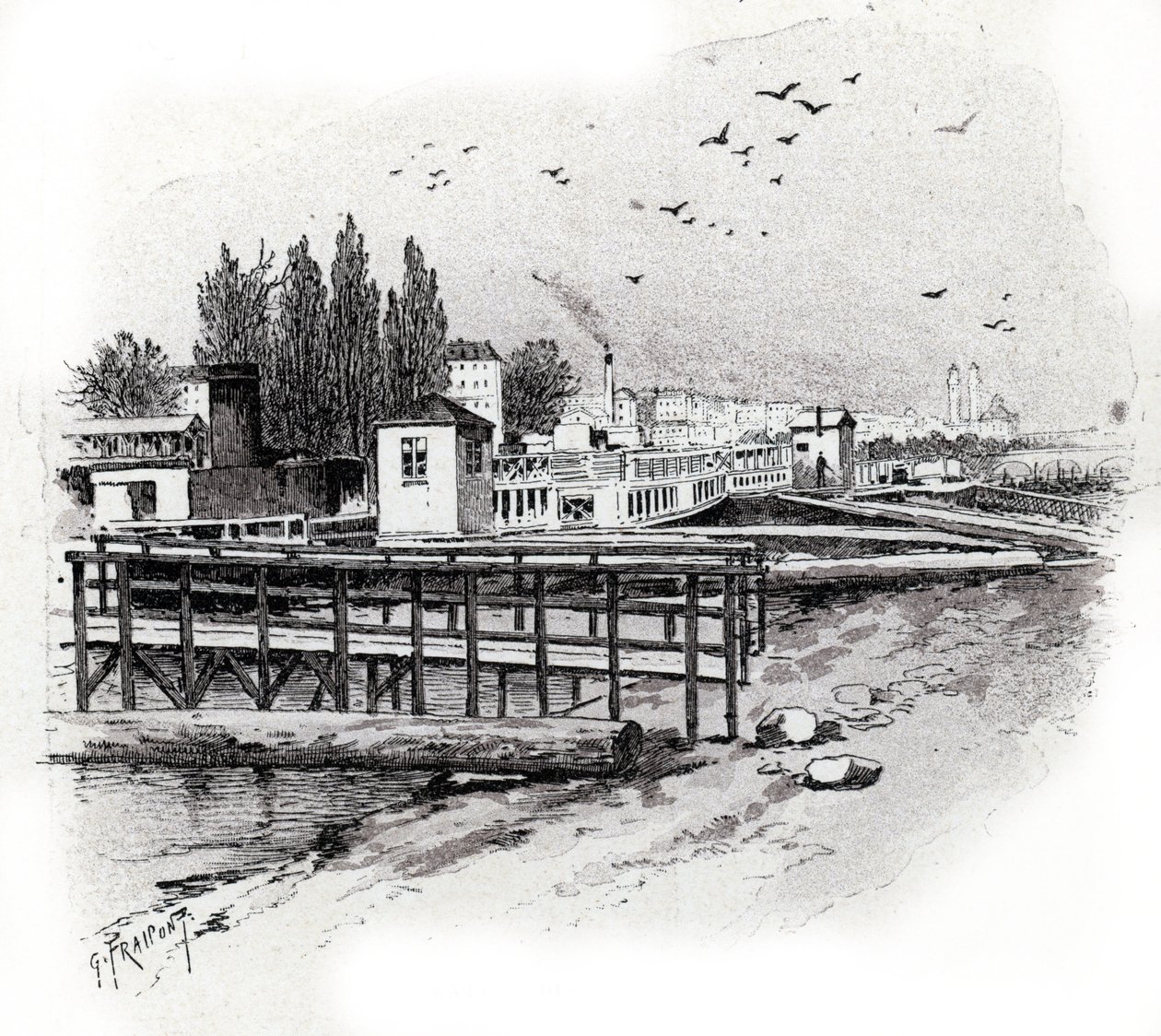 Atelier de repparation des bateau omnibus (Bateau-bus) à Paris (Autocarros aquáticos (barcos de transporte marítimo) oficinas de reparação no rio Sena em Paris) Desenho de Gustave Fraipont (1849-1923) tira de "La seine a travers Paris" de Saint-Juirs de Gustave Fraipont