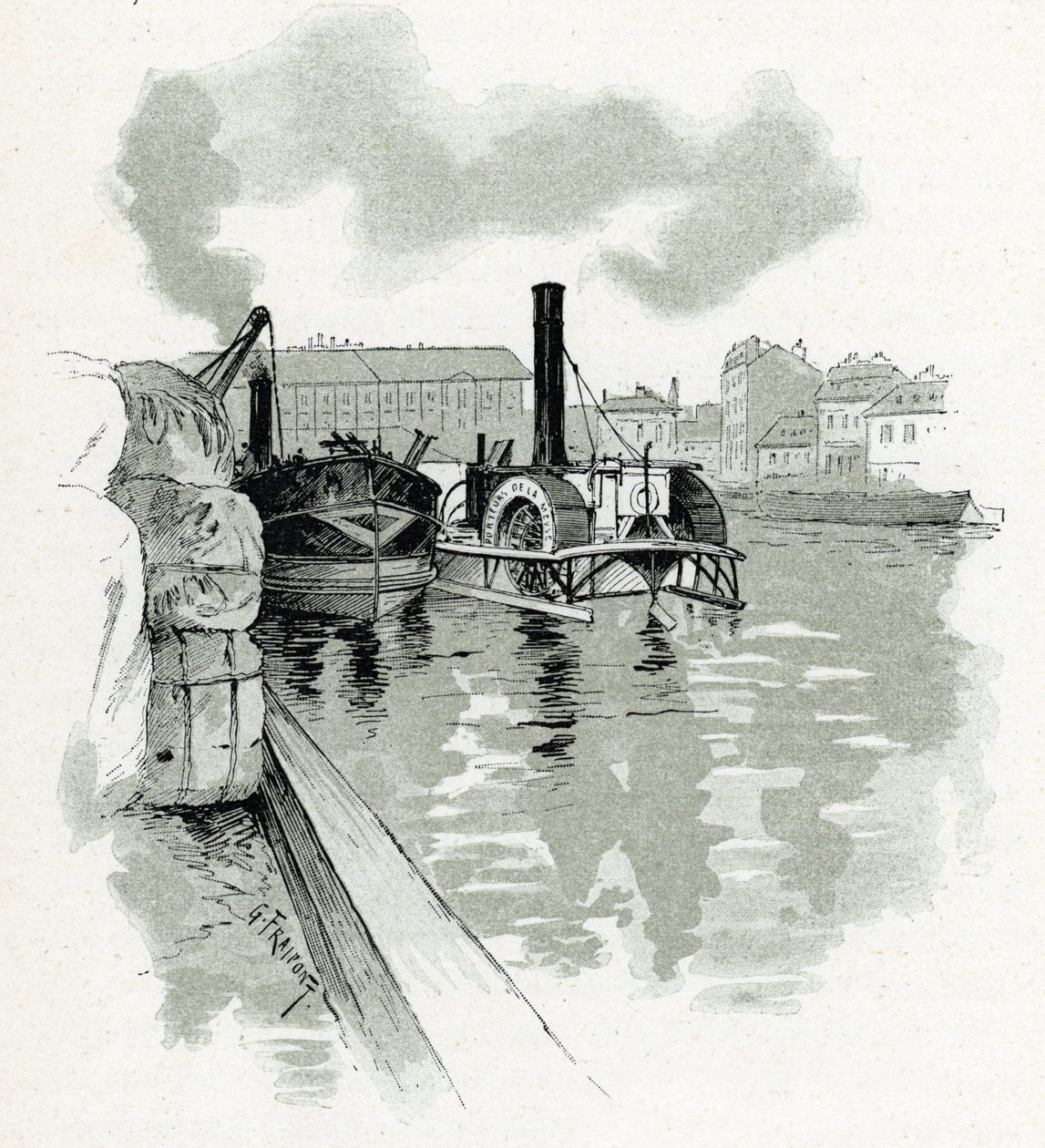 Atracação de barcos no porto de La Villette, Paris (Barcos no porto de La Villette, Paris) Desenho de Gustave Fraipont (1849-1923) Desenho de "La seine a travers Paris" de Saint-Juirs de Gustave Fraipont