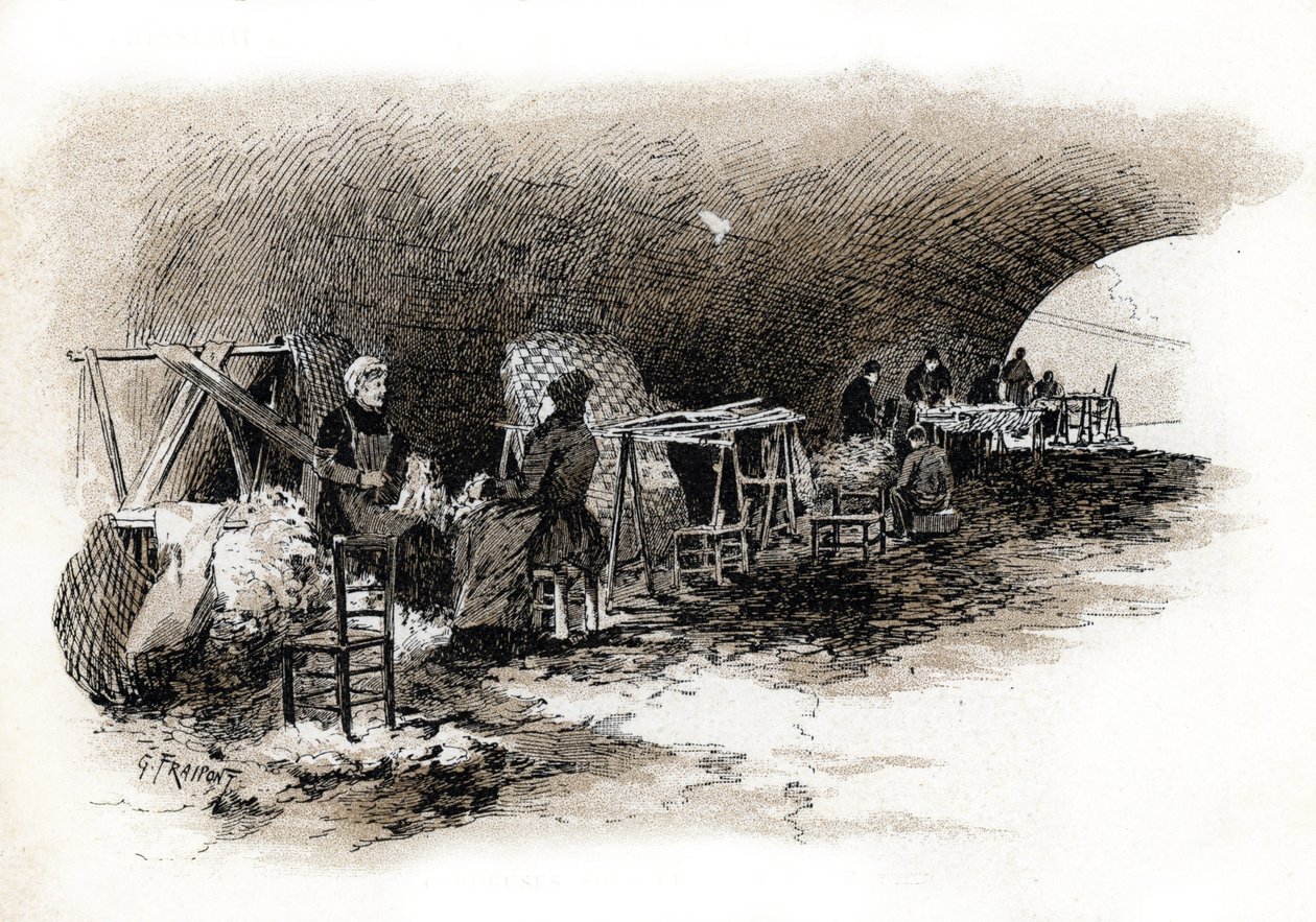 Cardeuses sous le Pont Marie (Pont-Marie) (Trabalhadores cardando lã debaixo da ponte de Pont-Marie, paris) Paris Desenho de Gustave Fraipont (1849-1923) Desenhos de "La seine a travers Paris" de Saint-Juirs de Gustave Fraipont