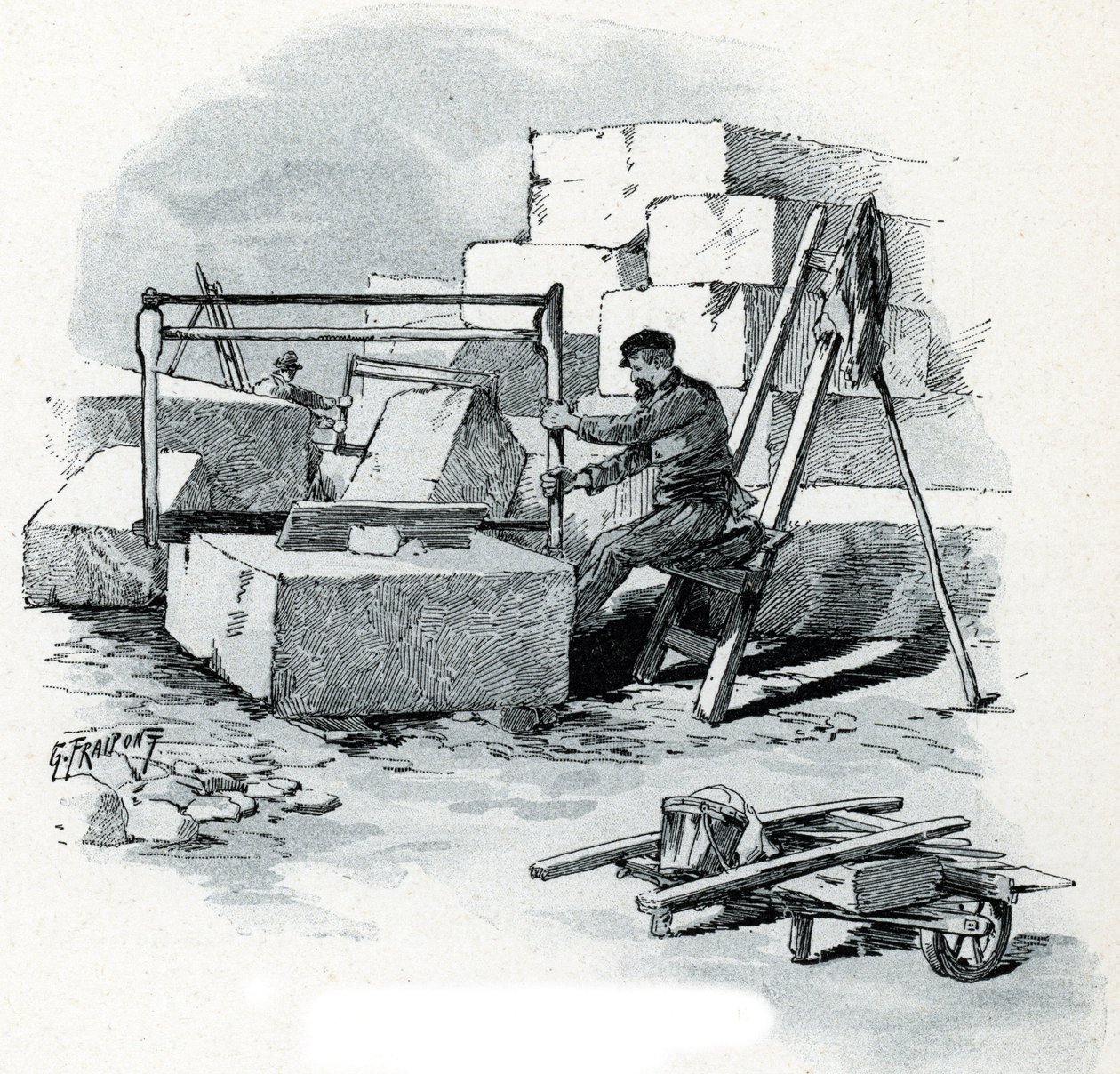 Talhadores de pedra nos bancos do Canal Saint-Martin, quai de Valmy, Paris Desenho de Gustave Fraipont (1849-1923) sorteios de Saint-Juirs "La seine a travers Paris de Gustave Fraipont