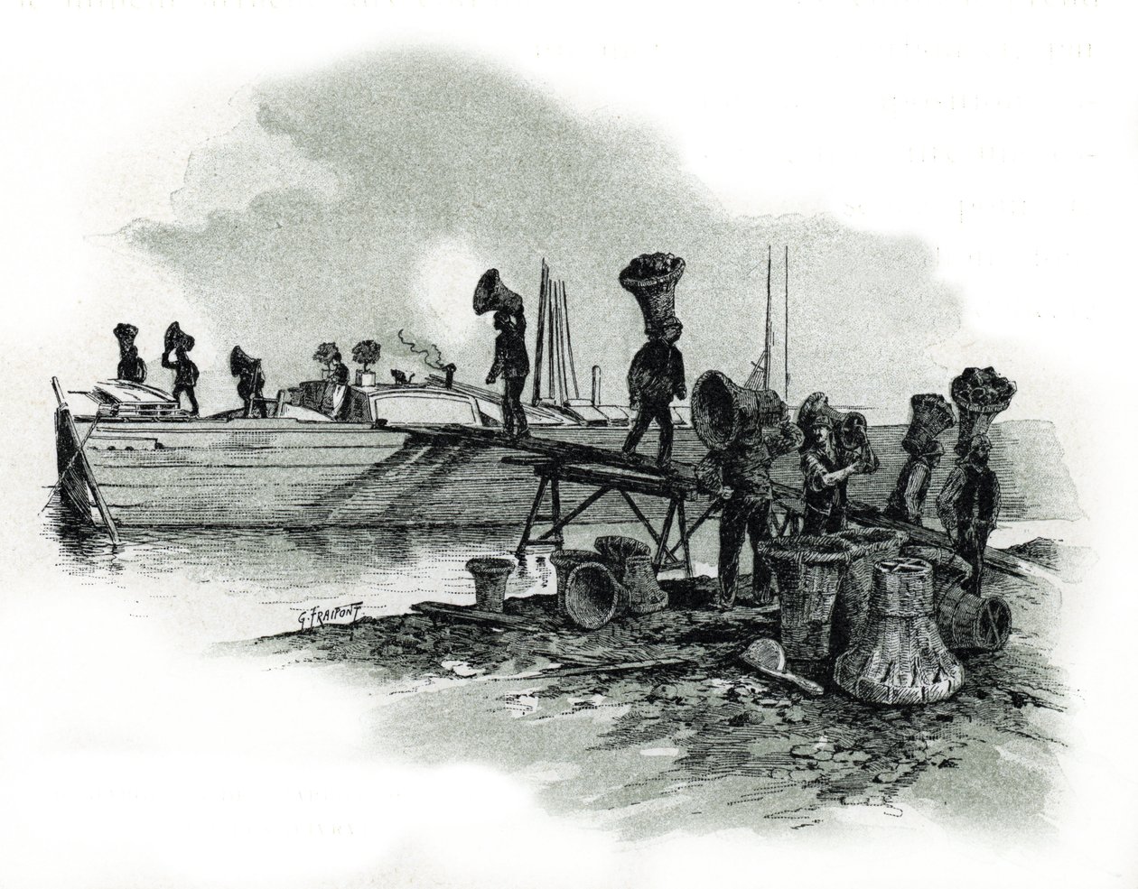 Descarga de carvão para forjas de Ivry-sur-Seine (Dockers que descarregam carvão betuminoso (ou carvão negro) nas forjas de Ivry sur Seine) Desenho de Gustave Fraipont (1849-1923) desenhos de Saint-Juirs de Gustave Fraipont