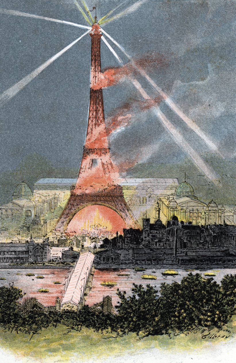 Torre Eiffel iluminada durante a feira mundial em Paris 1889 Desenho de Gustave Fraipont (1849-1923) desenha de "La seine a travers Paris" de Saint-Juirs de Gustave Fraipont
