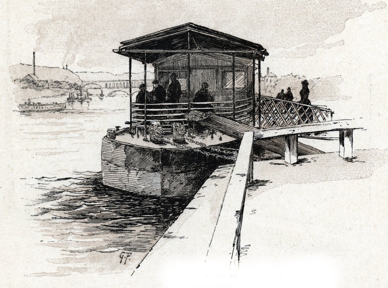 Embarcadere des Bateaux-mouches (Embarcadere des Bateaux-mouches) sur la Seine, Paris (Vista do cais de barcos turísticos no rio Sena, Paris) Desenho de Gustave Fraipont (1849-1923) desenhos de Saint-Juirs "La seine a travers Paris" de Gustave Fraipont