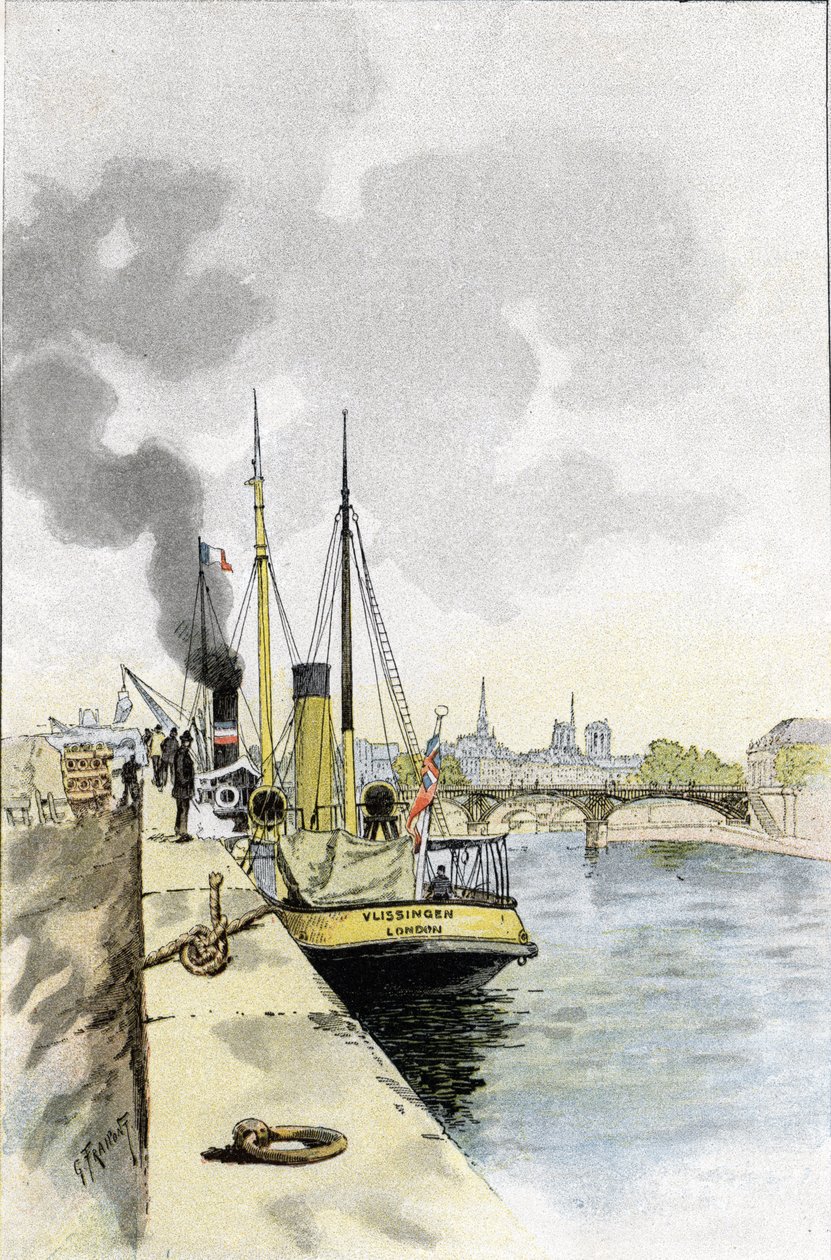 Barcos ingleses perto da ponte de Saints-Peres ou Carrousel, Paris Desenho de Gustave Fraipont (1849-1923) a partir de Saint-Juirs de Gustave Fraipont