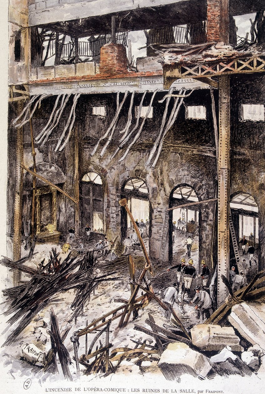 Bombeiros que trabalham nas ruínas da sala da ópera comique de Paris após o incêndio, de Fraipont de Gustave Fraipont