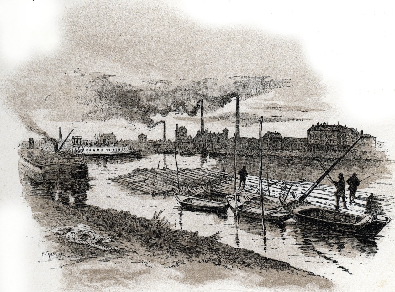 Ivry sur Seine, comboios de madeira (Rafting de madeira no rio Sena, Ivry-sur-Seine) Desenho de Gustave Fraipont (1849-1923) desenha de "La seine a travers Paris" de Saint-Juirs de Gustave Fraipont