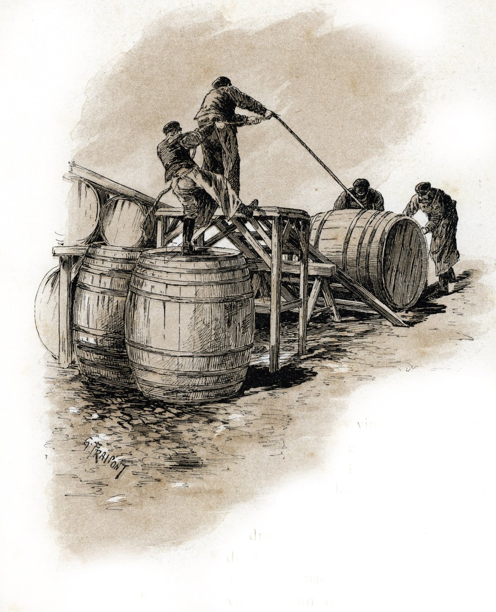 Le stacking des tonneaux de vin, Bercy Paris (Dockers a staking the wine barrels, Bercy, Paris) Desenho de Gustave Frainpont (1849-1923) tira do "La seine a travers Paris" de Saint-Juirs de Gustave Fraipont