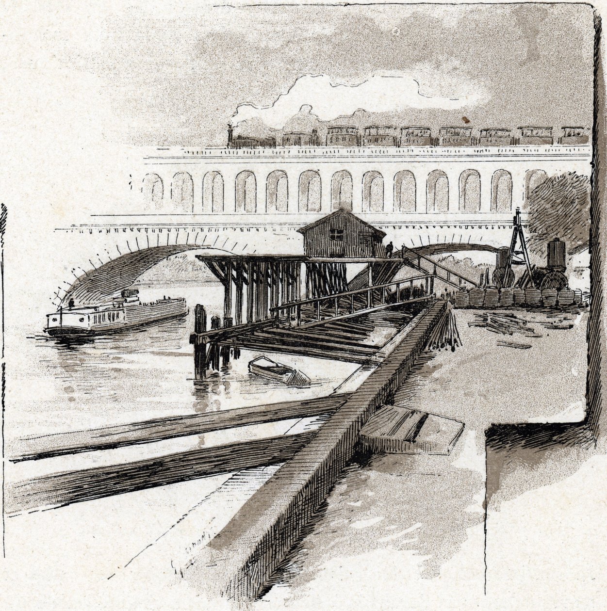 Le viaduct du point du Jour, Boulogne-Billancourt (Vista da ponte do viaduto do distrito de Point du jour, Boulogne Billancourt) Desenho de Gustave Fraipont (1849-1923) a partir de Saint-Juirs de Gustave Fraipont