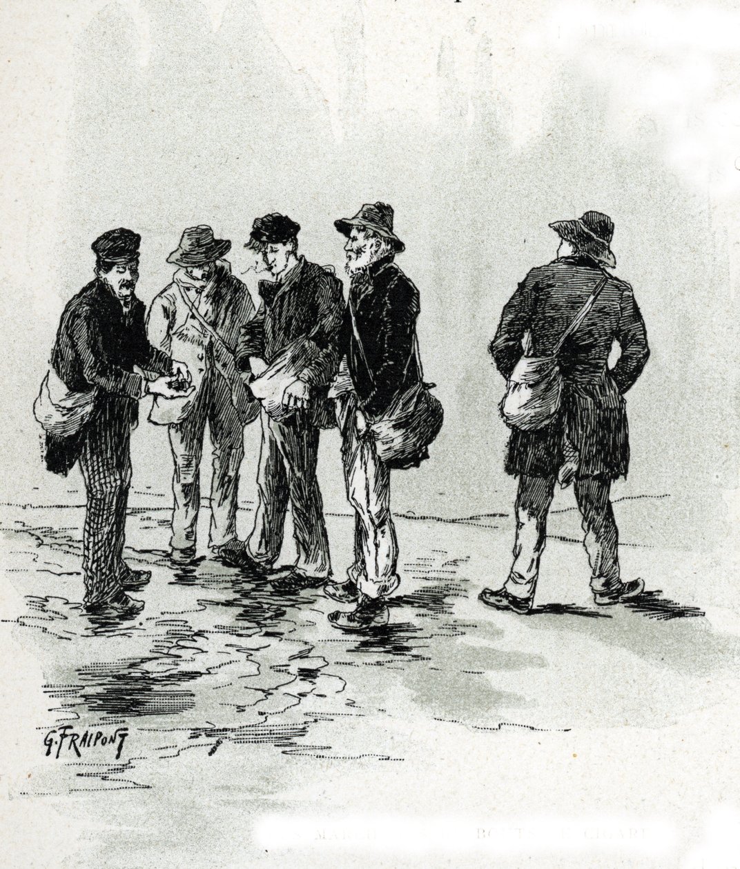 Les marchands de bout de charuto dans quartier Maubert, Paris (comerciantes de rua de pontas de cigarro e cigarros, distrito de Maubert, Paris) Desenho de Gustave Fraipont (1849-1923) tira de "La seine a travers Paris" de Saint-Juirs de Gustave Fraipont