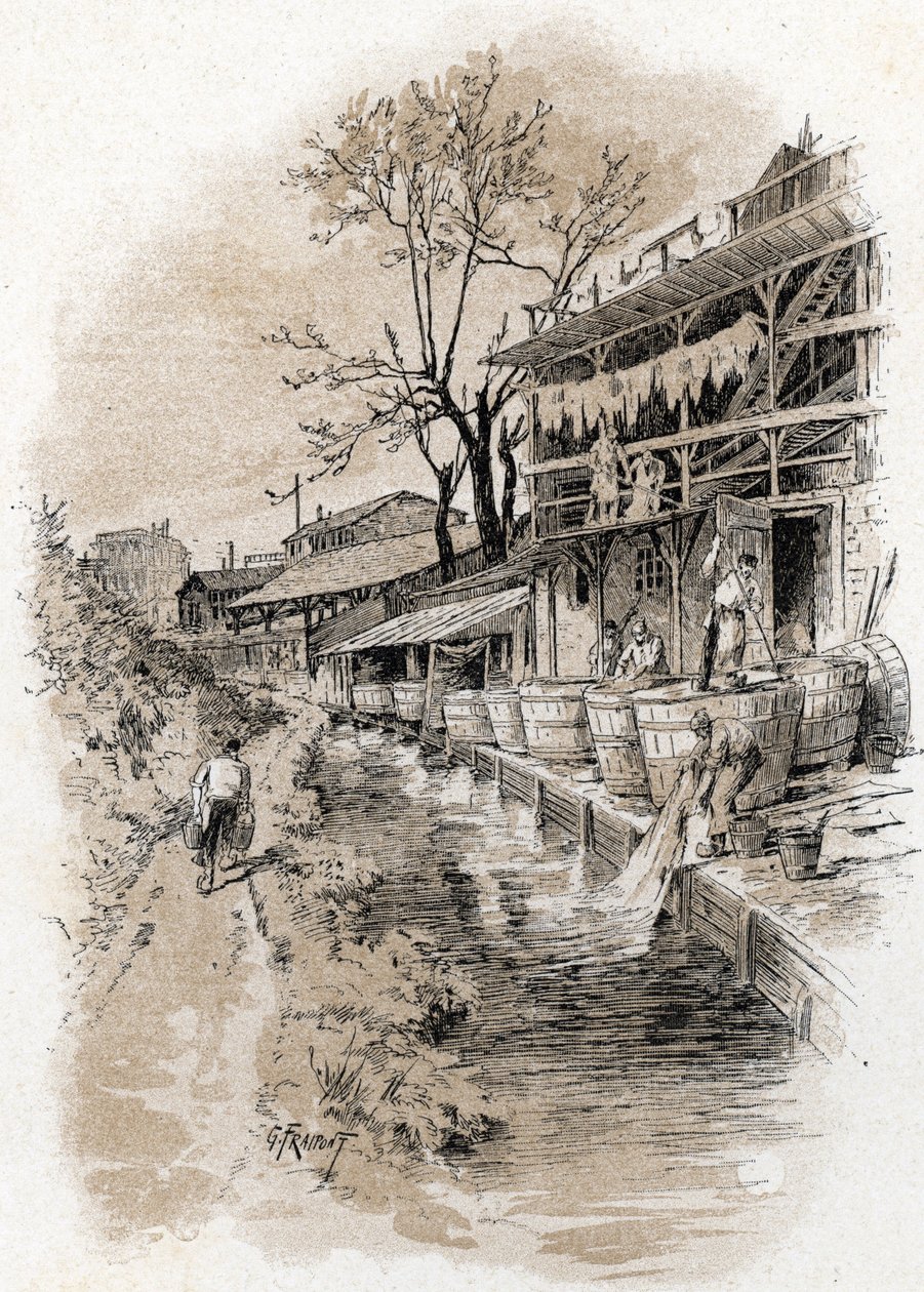 Megisseries de la rue du pot-au-lait dans le quartier du Pete Gentilly sur les bords de la Bievre a Paris (Vista do rio Bievre e barracas de couro (tawering) no bairro de Pete Gentilly, Paris) Desenho de Gustave Fraipont (1849-1923) de Sain de Gustave Fraipont