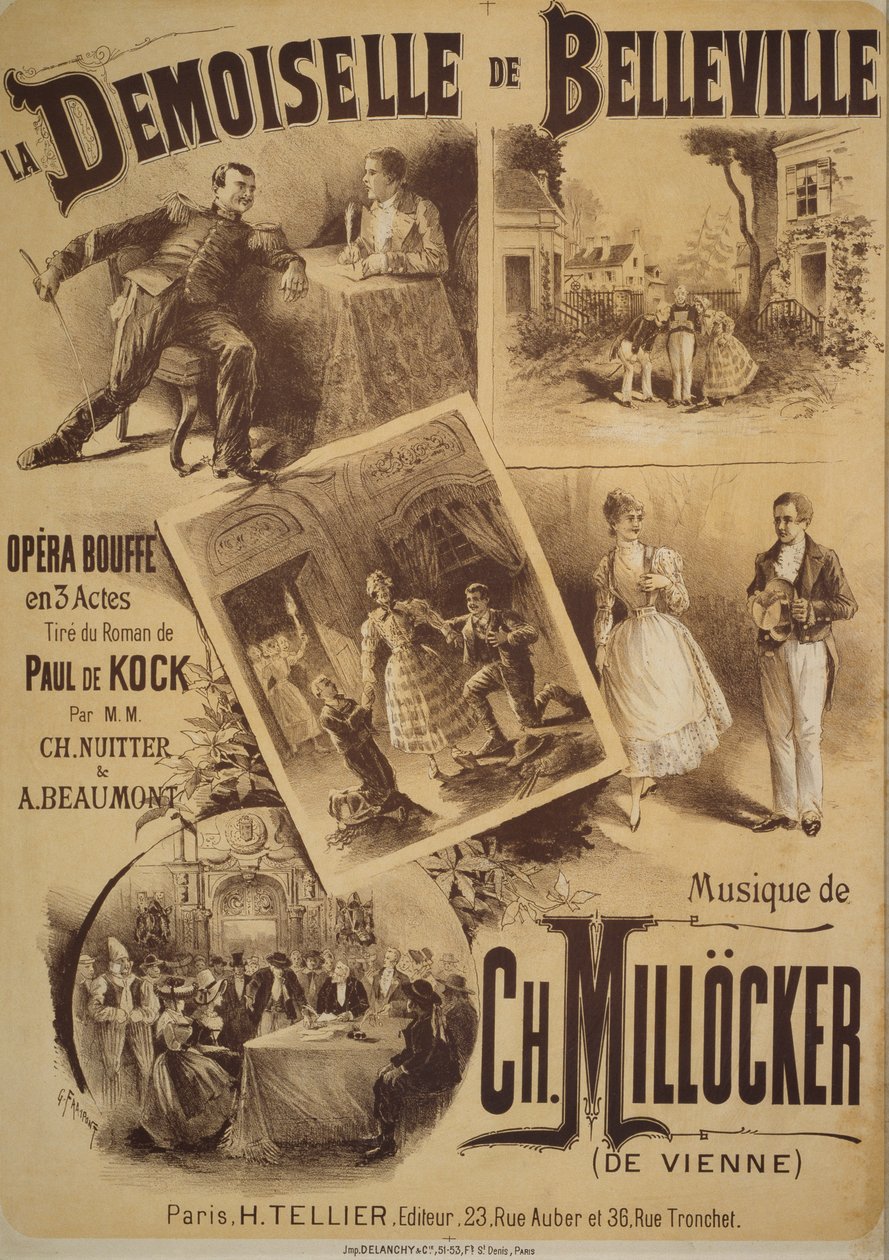 Cartaz para La Demoiselle de Belleville, ópera cômica, libreto de Charles Nuitter e Alexandre Beaumont, música de Karl Millocker, Desenho de Gustave Fraipont, publicação Tellier, Paris de Gustave Fraipont