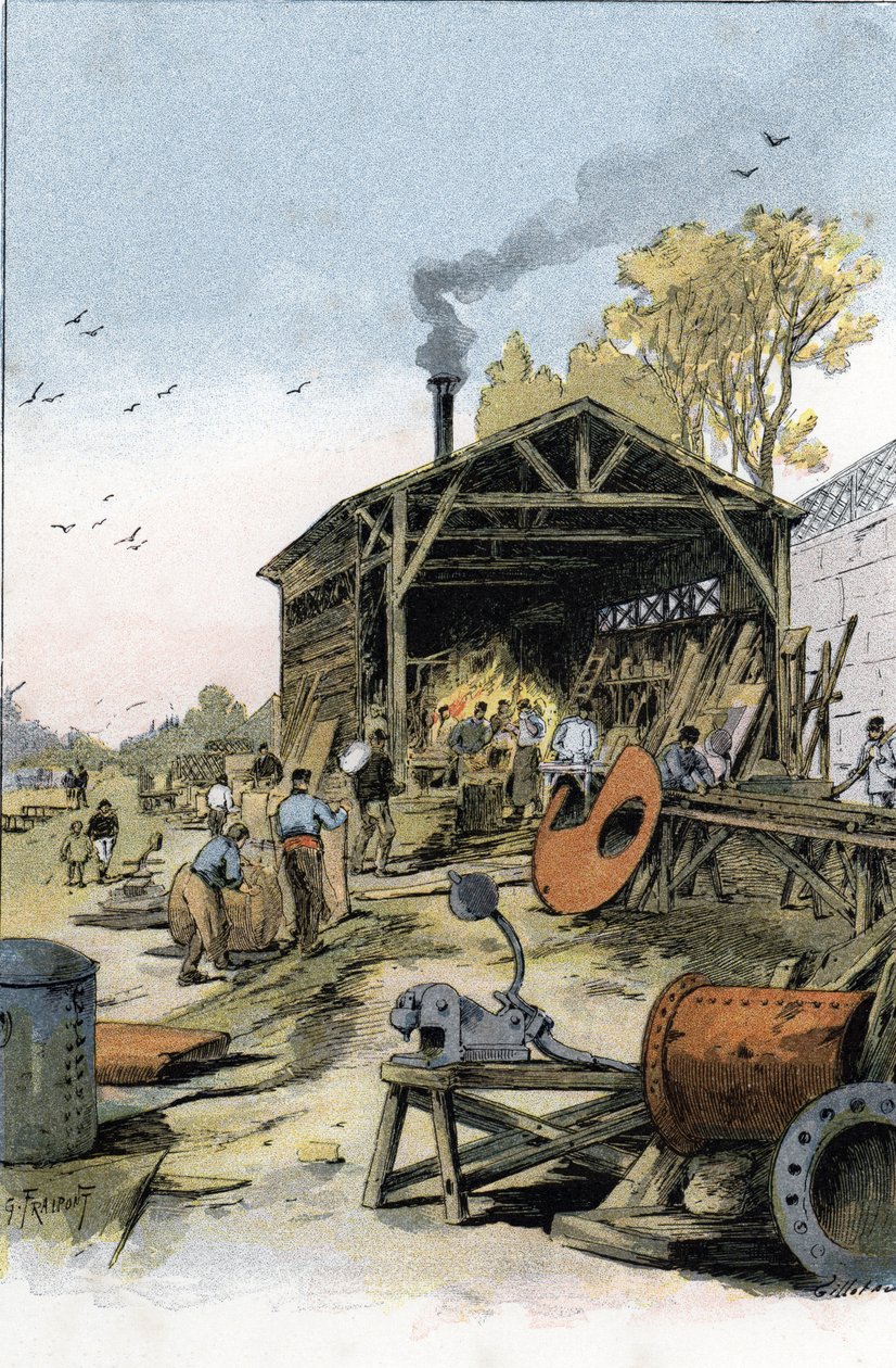 Reparação de barcos na forja do Point du Jour perto de Boulogne-Billancourt (Barcos e barcaças em reparação na forja do Point du jour perto de Boulogne Billancourt, Paris) Desenho de Gustave Fraipont (1849-1923) sorteio de "La seine a travessias Paris" de  de Gustave Fraipont