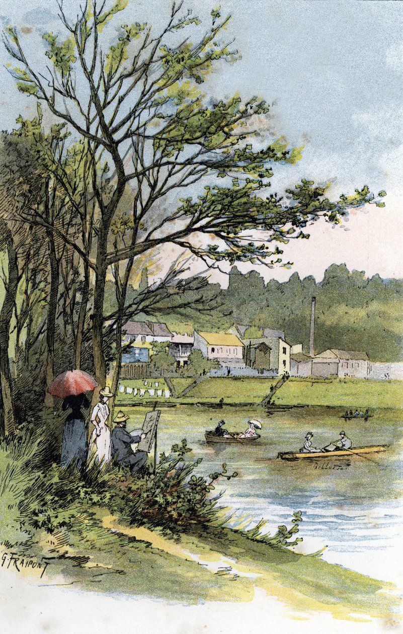 Passeios de domingo no Sena em Bas-Meudon (Meudon-sur-Seine) Desenho de Gustave Fraipont (1849-1923) a partir de Saint-Juirs de Gustave Fraipont
