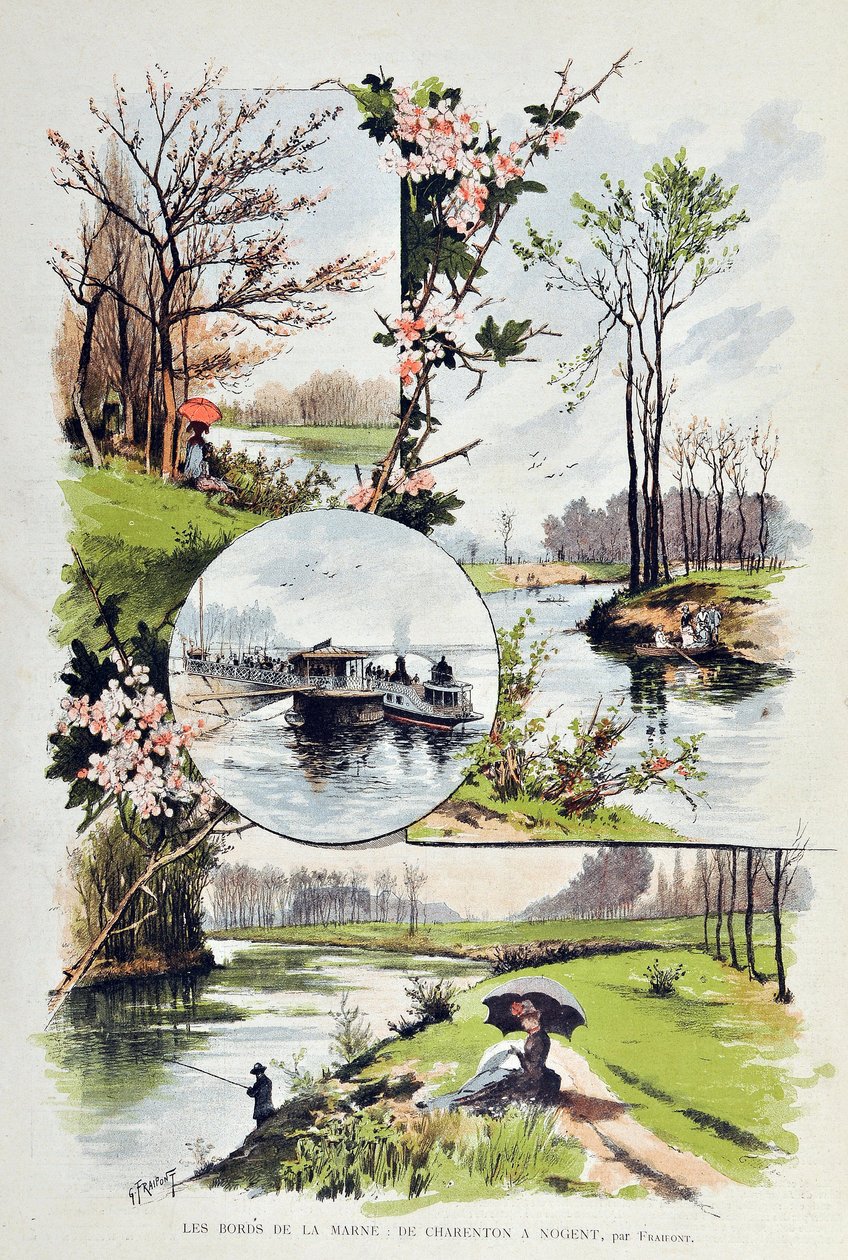 A beira do Marne: de Charenton a Nogent em 1887. Ilustração de Gustave Fraipont (1849-1923) Gravação de 1887 no "Paris-Illustrous journal weekly". de Gustave Fraipont