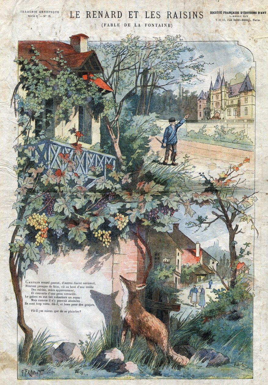 A raposa e as uvas. Fábulas de Jean de La Fontaine (1621-95). Ilustração de Gustave Fraipont (1849 -1923). Colecção privada. de Gustave Fraipont
