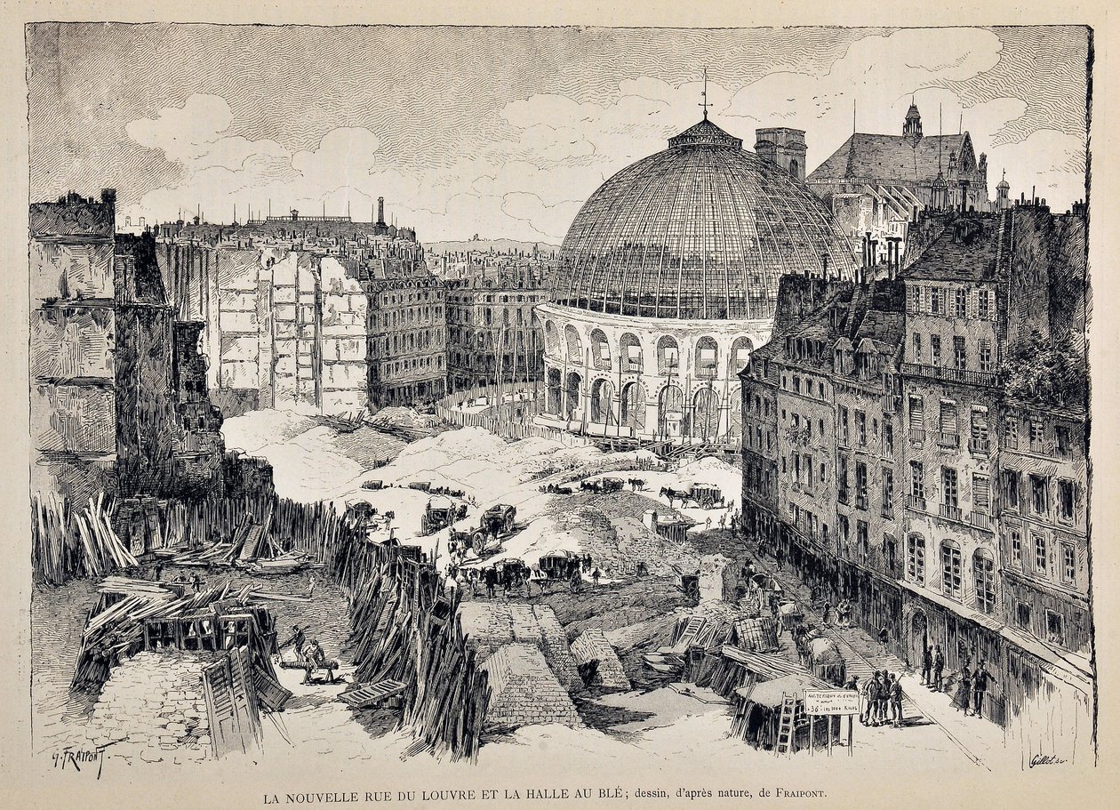 A nova Rue du Louvre e o Halle au Ble em Paris em 1887. ilustração de Gustave Fraipont (1849 - 1923). Gravura de 1887 no "Paris-Illustrous journal weekly". de Gustave Fraipont