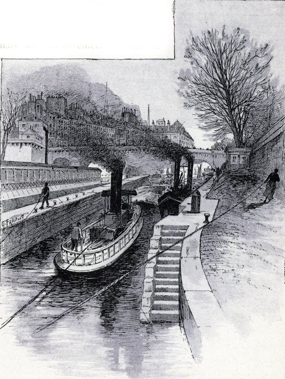 Rebocadores da eclusa do rio Sena em frente ao Hotel des Monnaie, Paris Desenho de Gustave Fraipont (1849-1923) de Saint-Juirs de Gustave Fraipont