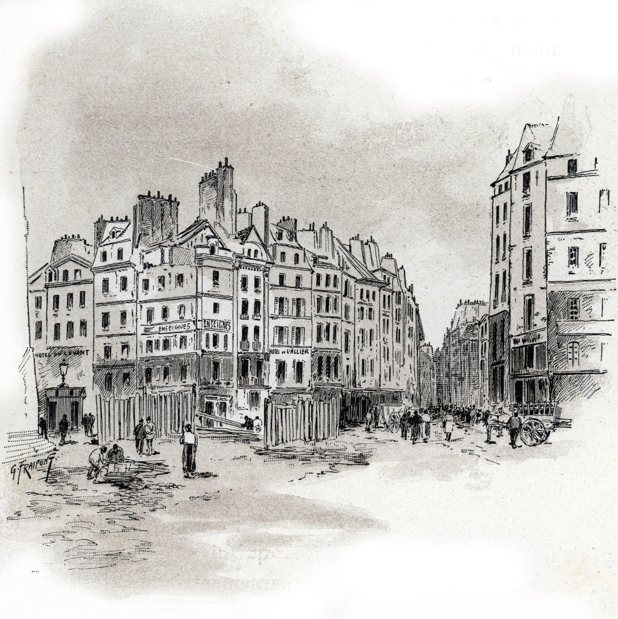 Vista da Praça Maubert, Paris Desenho de Gustave Fraipont (1849-1923) desenha de "La seine a travers Paris" de Saint-Juirs de Gustave Fraipont