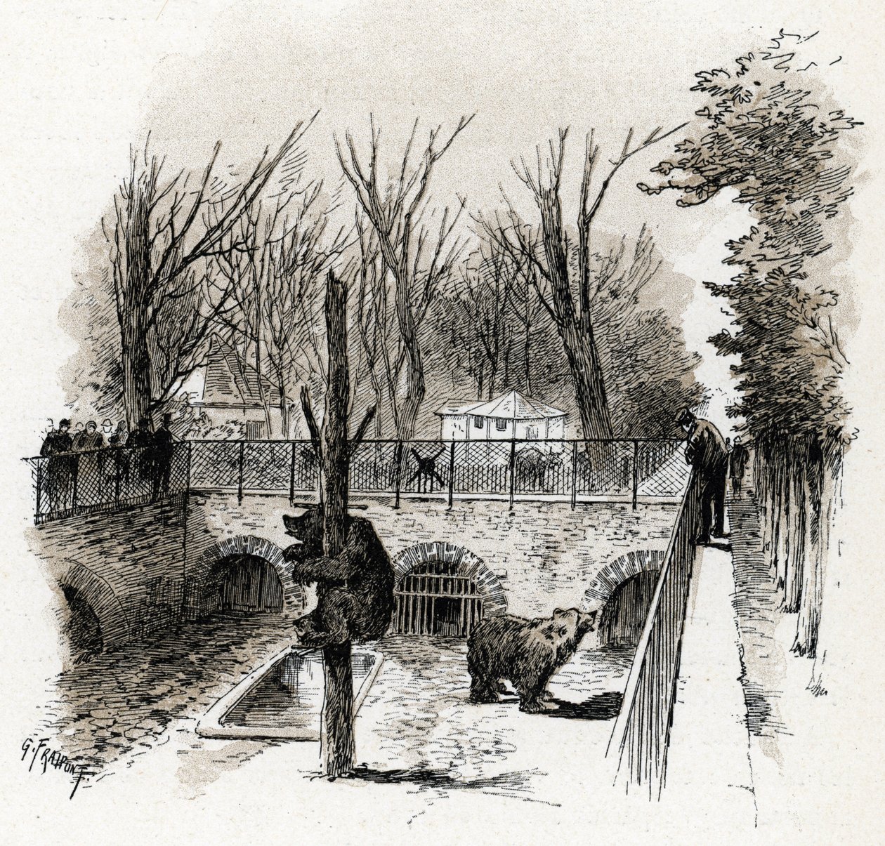Vista do Poço do Urso no Zoo du Jardin des Plantes, Paris Desenho de Gustave Fraipont (1849-1923) desenha de "La seine a travers Paris" de Saint-Juirs de Gustave Fraipont