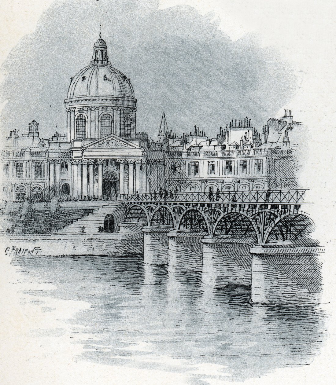 Vista do Institut de France e da ponte Pont des arts em Paris Desenho de Gustave Fraipont (1849-1923) parte de "La seine a travers Paris" de Saint-Juirs de Gustave Fraipont