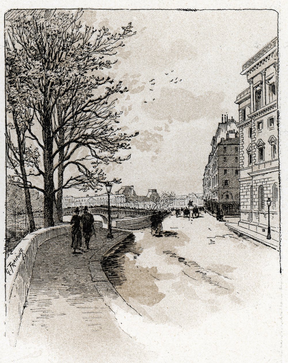 Vista do Quai des Orfevres, Ile de la Cite, Paris Desenho de Gustave Fraipont (1849-1923) de Saint-Juirs de Gustave Fraipont