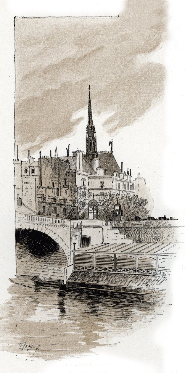 Vista da ponte Sainte Chapelle de St Michel, Paris (Vista da ponte Sainte-Chapelle de St Michel, Paris) Desenho de Gustave Fraipont (1849-1923) Desenho de "La seine a travers Paris" de Saint-Juirs de Gustave Fraipont