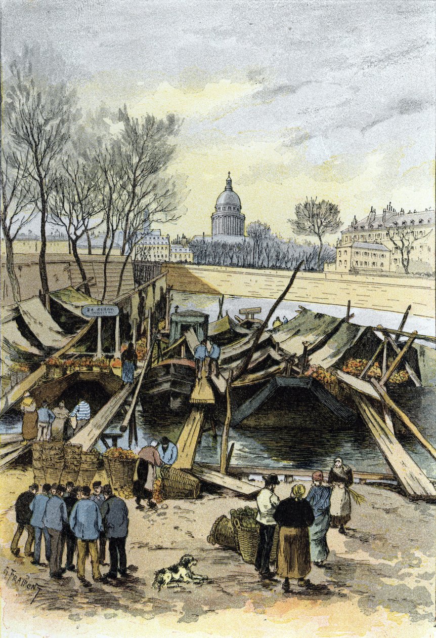 Vista do mercado de maçãs em barcaças no rio Sena, perto do Hotel de Ville, Paris Desenho de Gustave Fraipont (1849-1923) a partir de Saint-Juirs de Gustave Fraipont