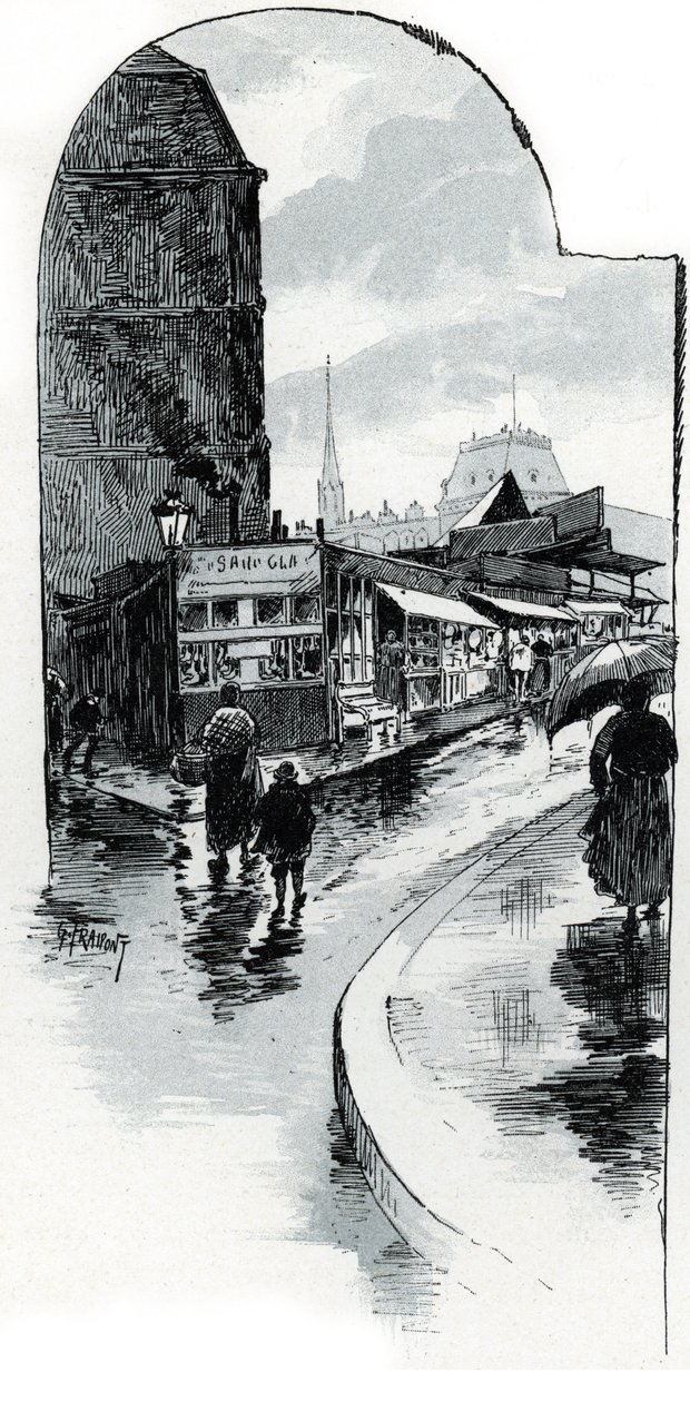 Vista dos brocantes na esquina da rue de la bucherie em Paris (Lojas de segunda mão na rue de la Bucherie, Paris) Desenho de Gustave Fraipont (1849-1923) Desenhos de "La seine a travers Paris" de Saint-Juirs de Gustave Fraipont