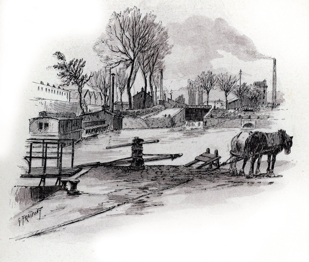 Vista do canal Saint-Denis e quai de la Gironde a la Villette, Paris (Vista do canal Saint Denis e quai de la Gironde no distrito de Villette, paris) Desenho de Gustave Fraipont (1849-1923) a partir de Saint-Juirs de Gustave Fraipont