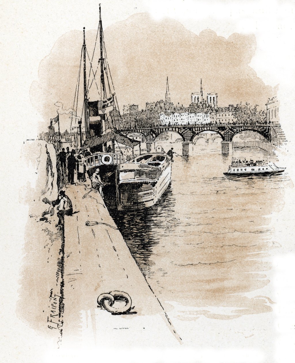 Vista da empresa Seine et Thames cujos barcos ligam Paris e Londres Desenho de Gustave Fraipont (1849-1923) desenha a partir de "La seine a travers Paris" de Saint-Juirs de Gustave Fraipont