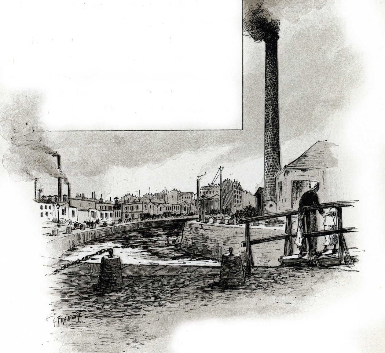 Vista do leito seco do canal Saint-Martin durante o período de limpeza Desenho de Gustave Fraipont (1849-1923) desenha de "La seine a travers Paris" de Saint-Juirs de Gustave Fraipont
