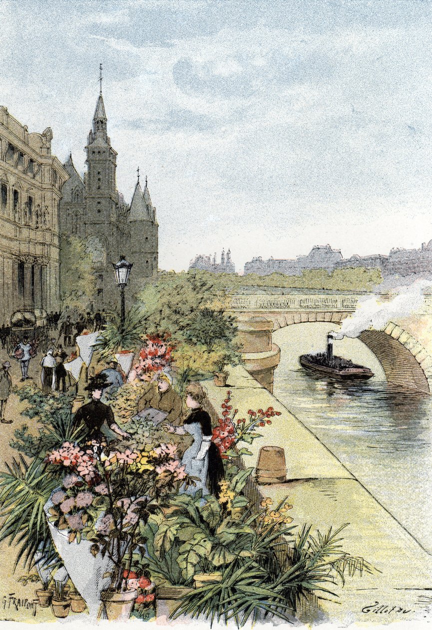 Vista do mercado das flores, Ile de la Cite, Paris Desenho de Gustave Fraipont (1849-1923) de Saint-Juirs de Gustave Fraipont